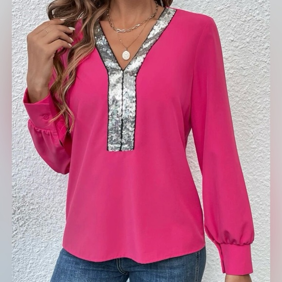 SHEIN Essnce Contrast Sequin V Neck Blouse in Hot Punk..Sz. M..never worn..NWOT. - Picture 1 of 7